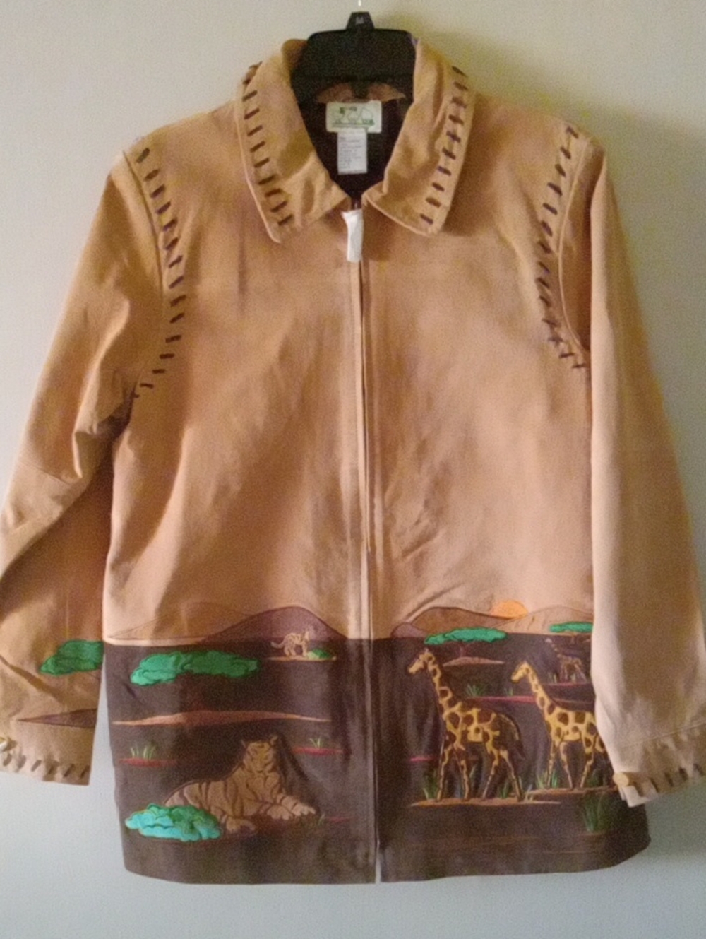 Vintage Quacker Factory Tan Suede Leather Jacket with Safari Applique/Embroidery